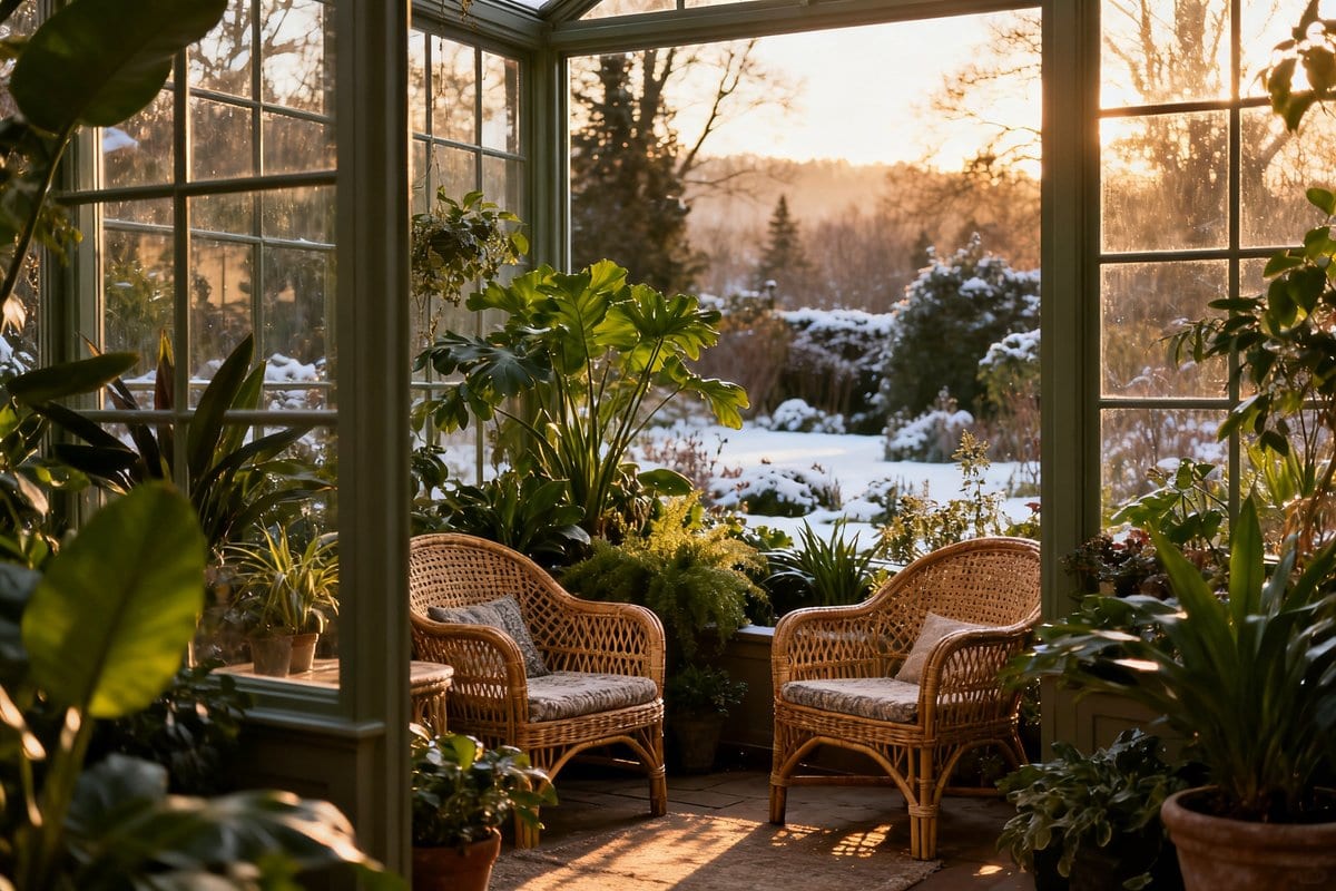 Jardin d'hiver garni de plantes vertes et de mobilier en rotin sous une lumière douce