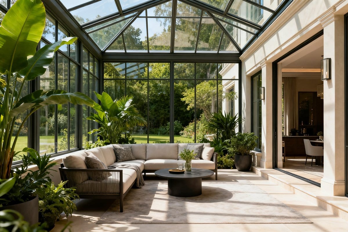 Véranda contemporaine vitrée attenante à une maison, meublée en salon et garnie de plantes