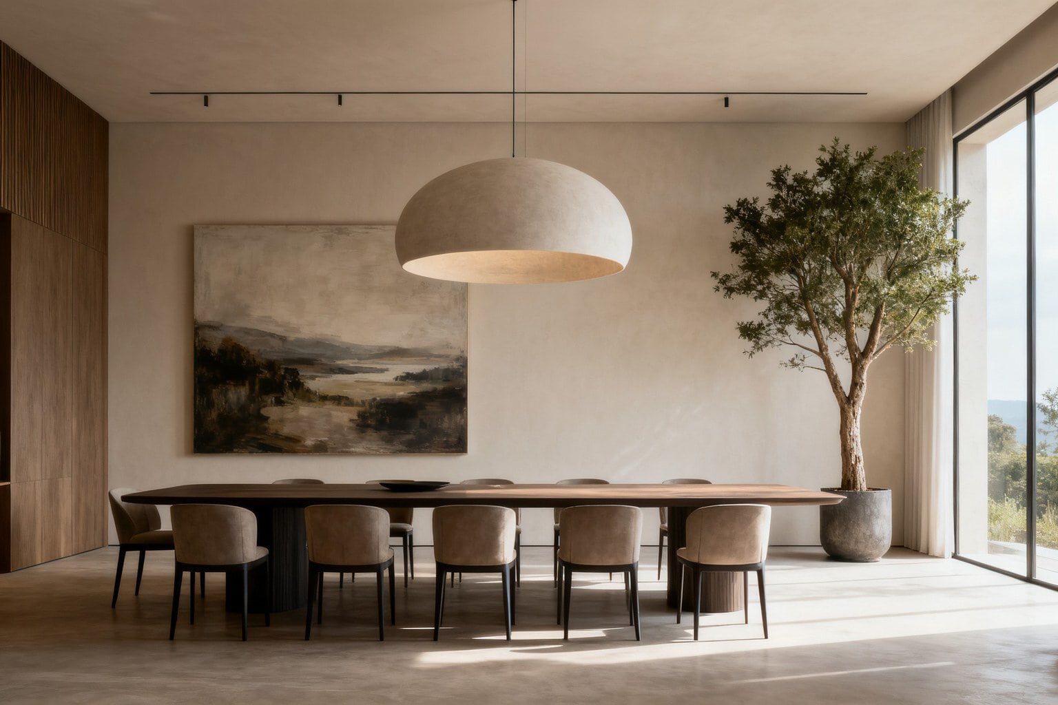 Salle à manger spacieuse avec grande suspension en dôme, longue table, tableau de paysage et arbre d'intérieur