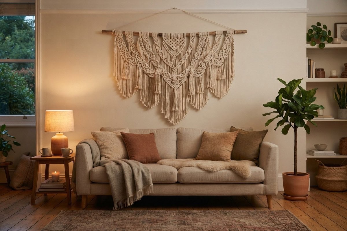 Suspension en macramé de coton écru accrochée au-dessus d'un canapé beige dans un salon chaleureux éclairé par une lampe