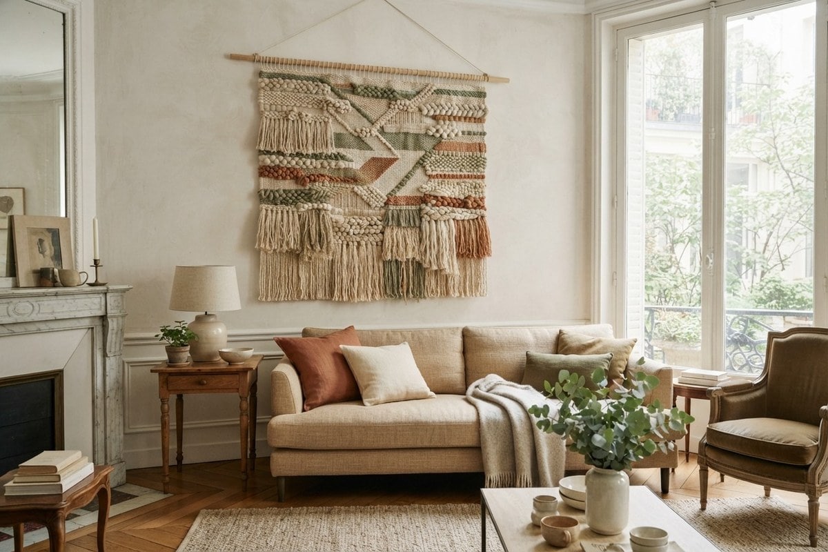Grande tenture murale tissée aux tons écru, vert sauge et terracotta, accrochée au-dessus d'un canapé dans un salon clair