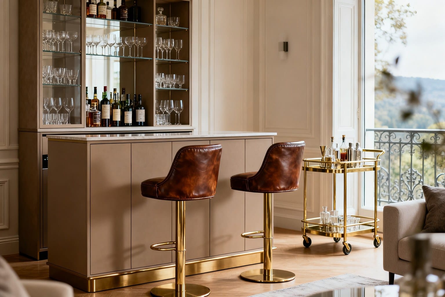 Comptoir de bar avec deux tabourets en cuir sur pied doré, vitrine de verrerie et chariot de bar en laiton près d'une fenêtre