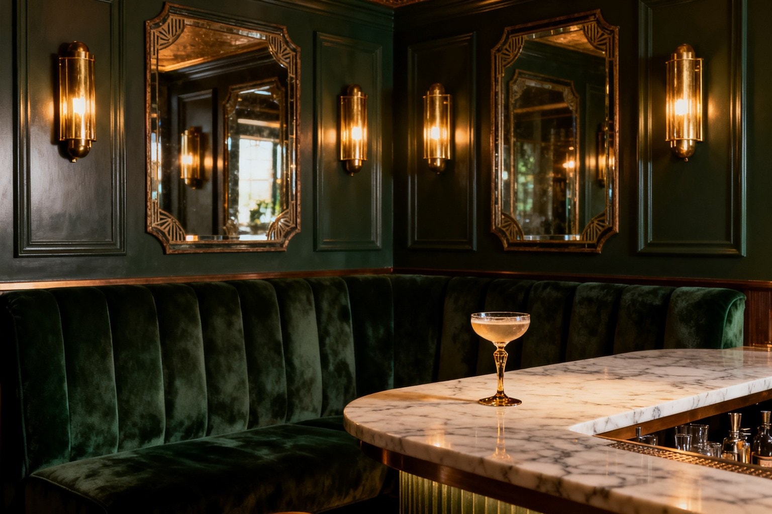 Coin bar façon speakeasy, banquette en velours vert, miroirs Art déco, appliques en laiton et comptoir en marbre