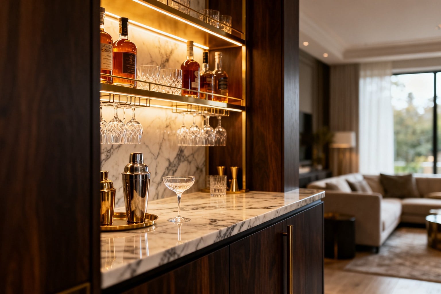 Meuble-bar en bois foncé et marbre, étagères éclairées garnies de bouteilles ambrées et de verres en cristal dans un salon