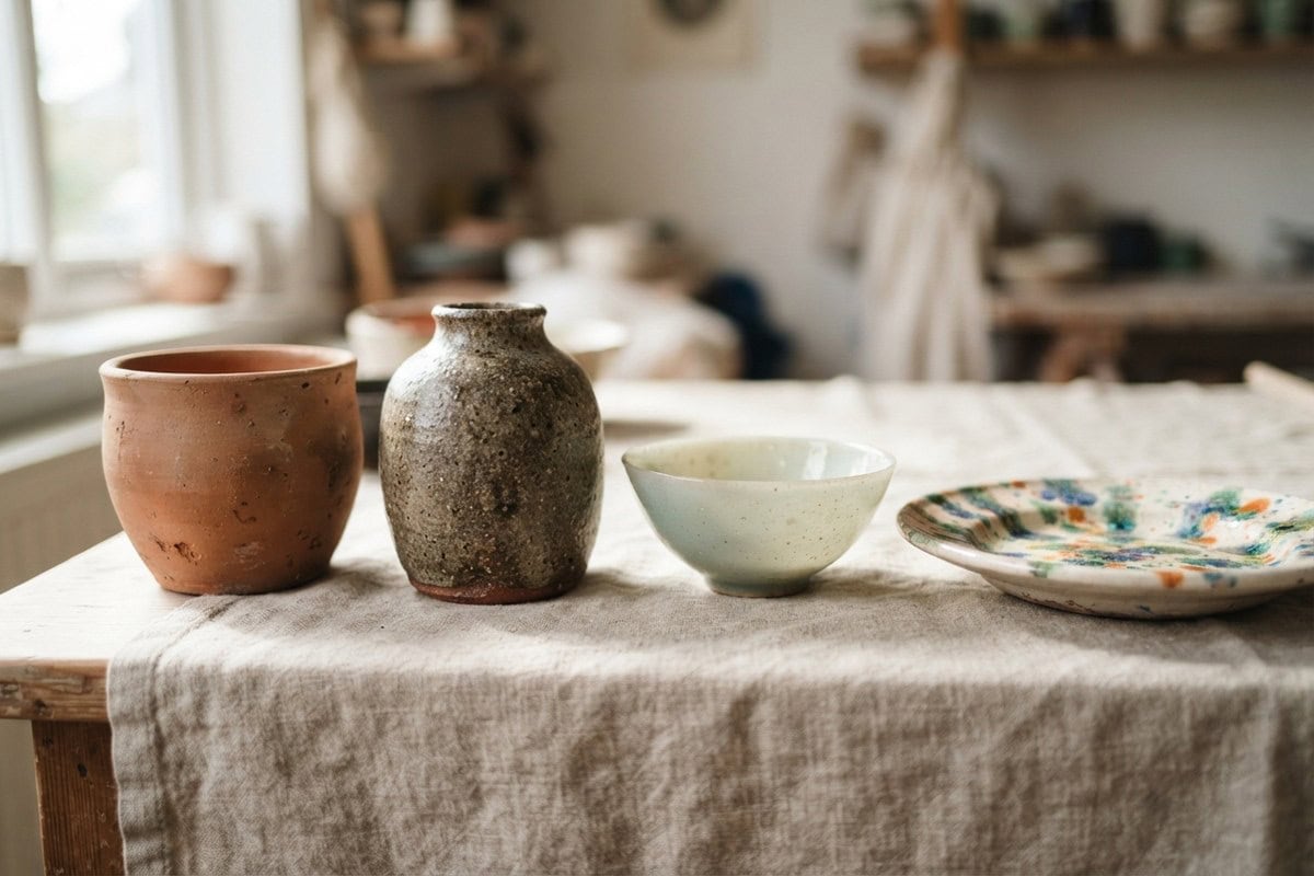 Pot en terre cuite, vase en grès et bol émaillé faits main posés sur une table recouverte de lin