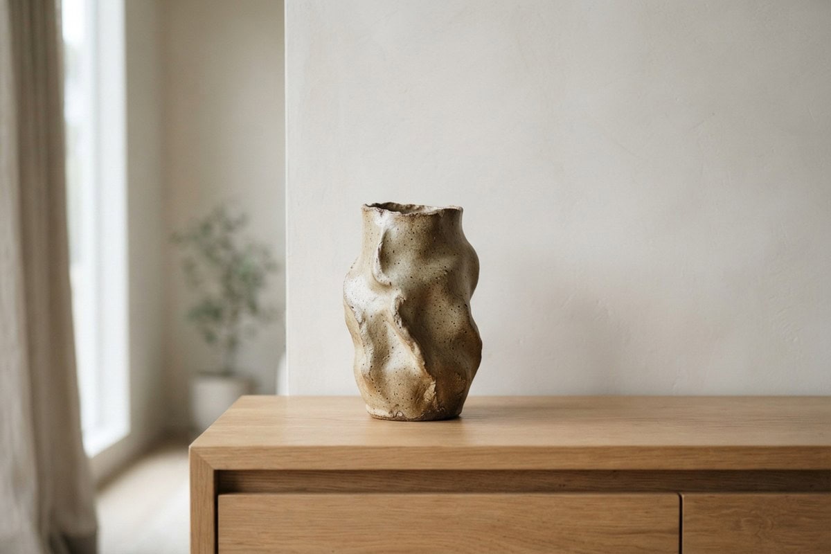 Vase sculptural en céramique aux courbes irrégulières posé seul sur une console en bois clair