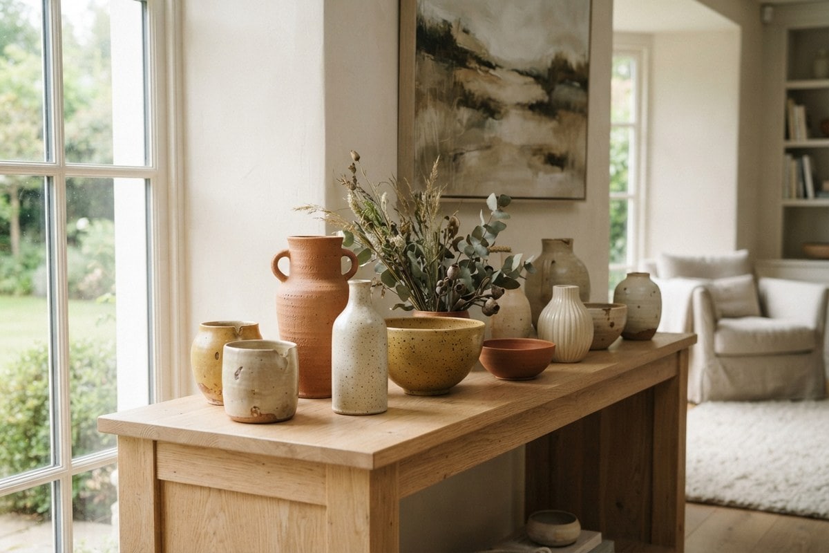 Collection de vases et bols en céramique artisanale aux tons terreux sur une console en chêne clair