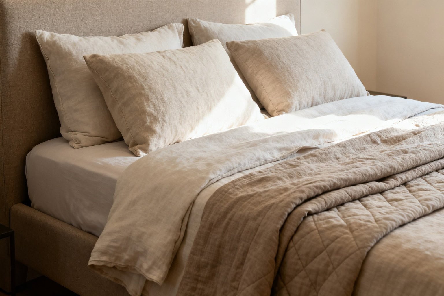 Lit double habillé de linge de lin beige et d'un plaid matelassé dans une chambre d'amis