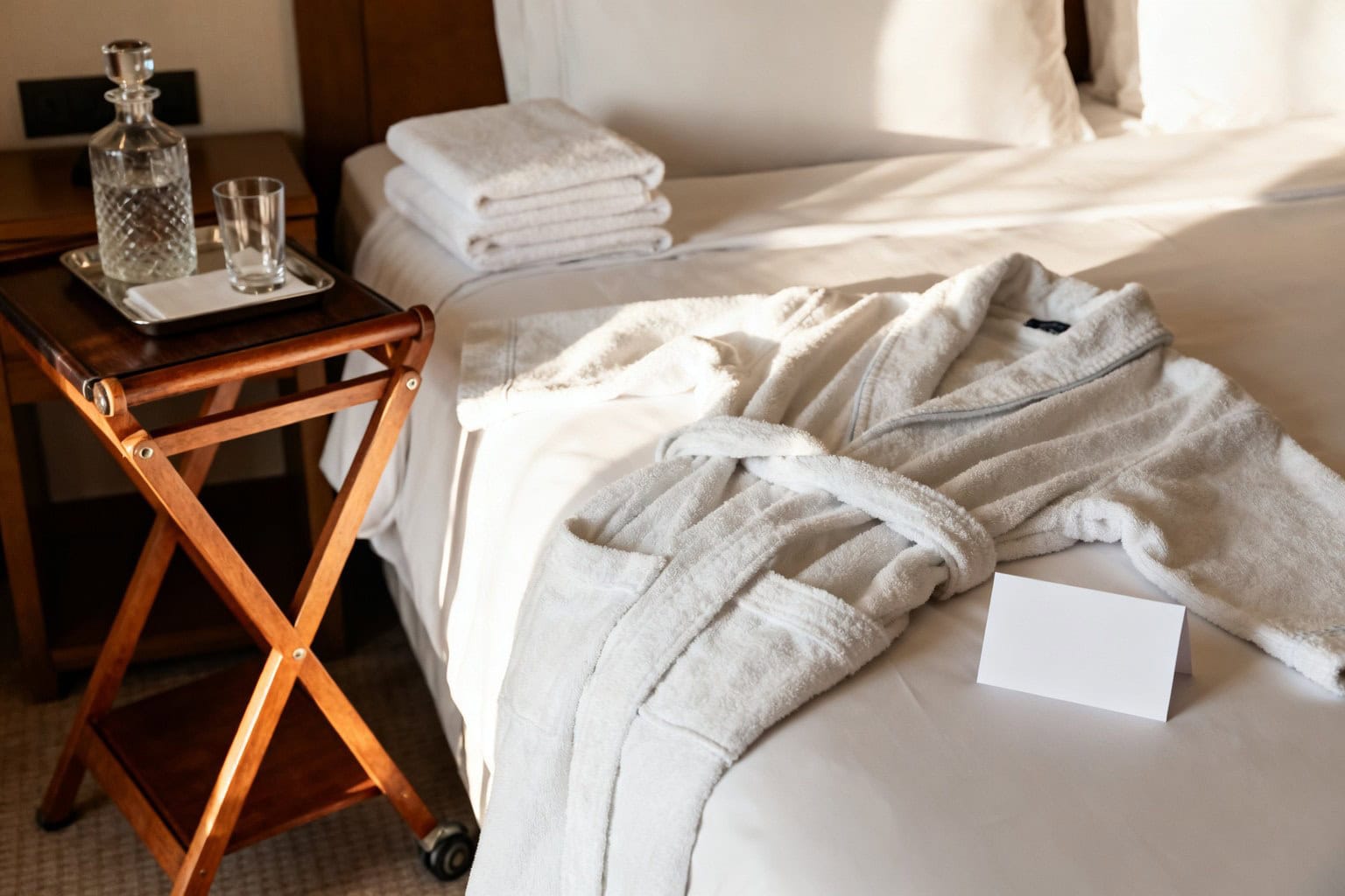 Peignoir, serviettes pliées, carafe et carte vierge disposés sur un lit pour accueillir un invité