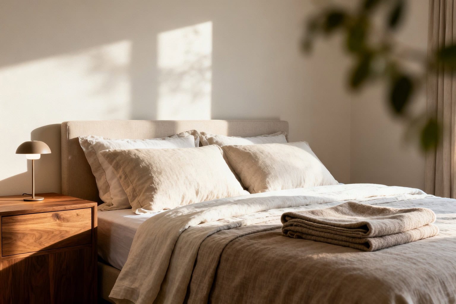 Chambre d'amis lumineuse avec lit double en linge beige et table de chevet en bois
