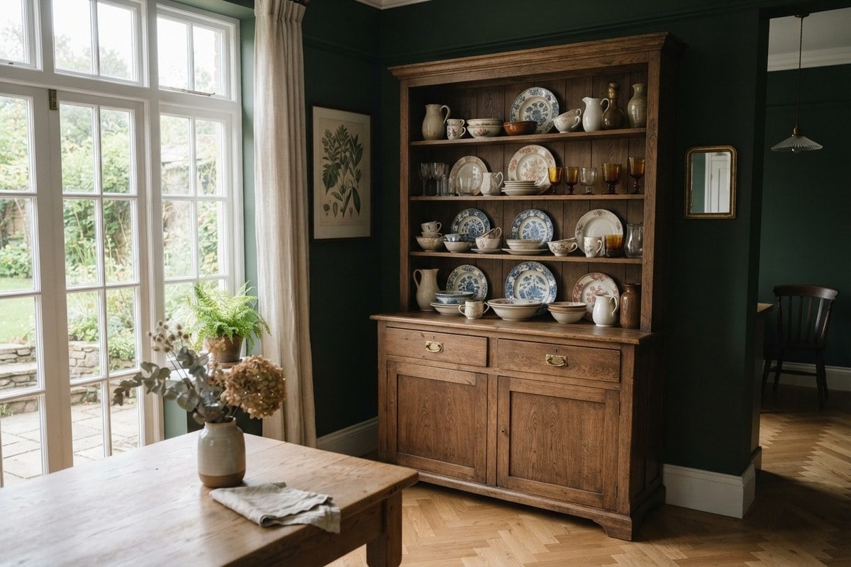 Vaisselier en bois aux étagères ouvertes garnies de vaisselle ancienne, dans une salle à manger vert profond