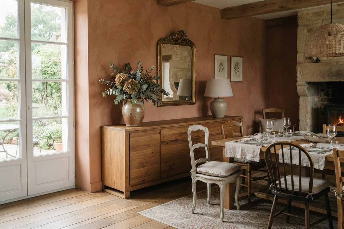 Enfilade en chêne surmontée d'un vase et d'une lampe dans une salle à manger aux murs terracotta