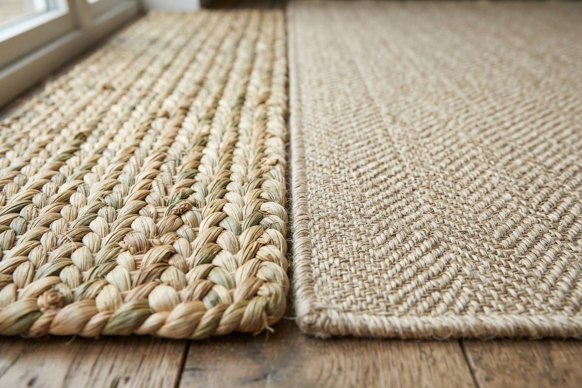 Gros plan sur deux revêtements de sol en fibres naturelles, un jonc de mer tressé et un sisal à trame fine