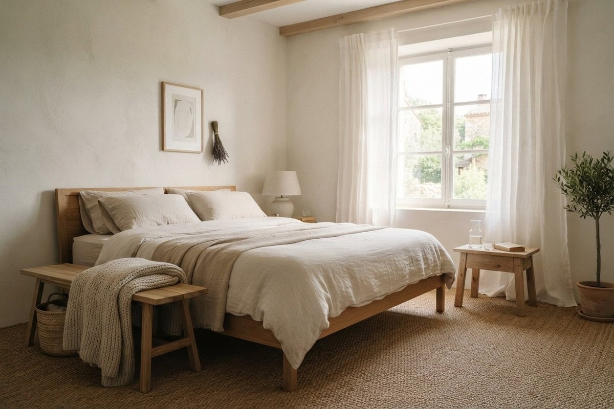 Chambre épurée au sol recouvert de fibre naturelle, literie en lin et bois clair, lumière du matin