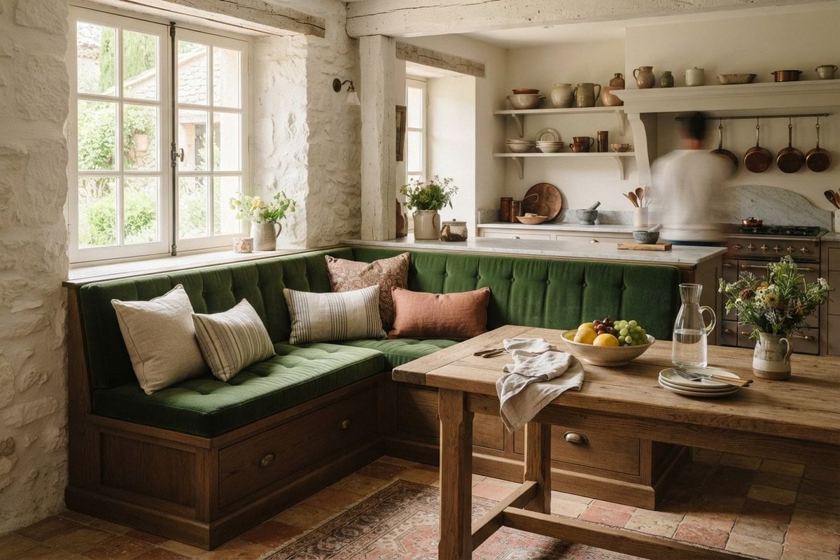 Banquette d'angle en velours vert avec rangements sous l'assise dans une cuisine en pierre