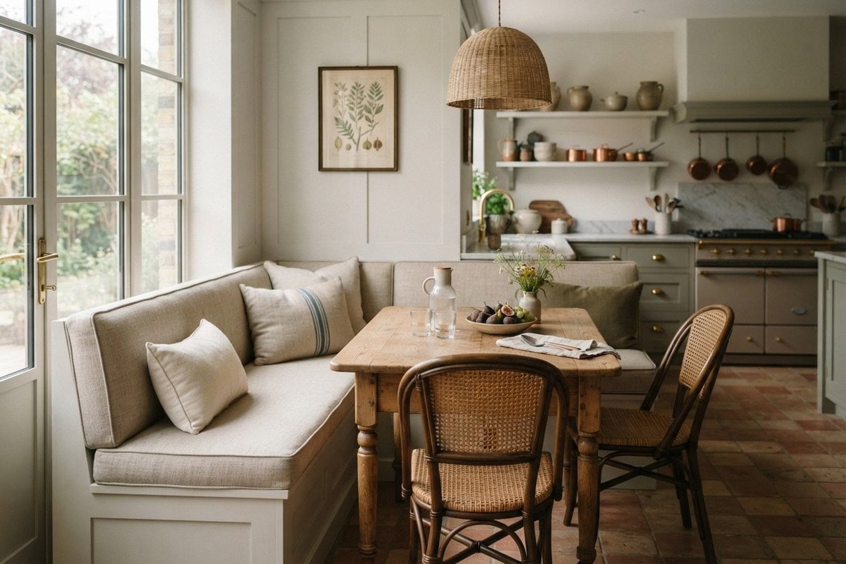 Banquette d'angle en lin beige dans une cuisine de campagne avec table en bois et chaises cannées