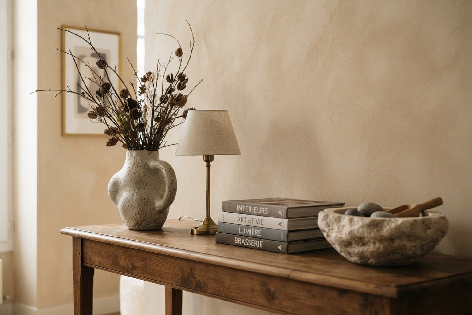 Plateau de console habillé d'un vase en céramique, d'une lampe en laiton, de livres et d'une coupe en pierre
