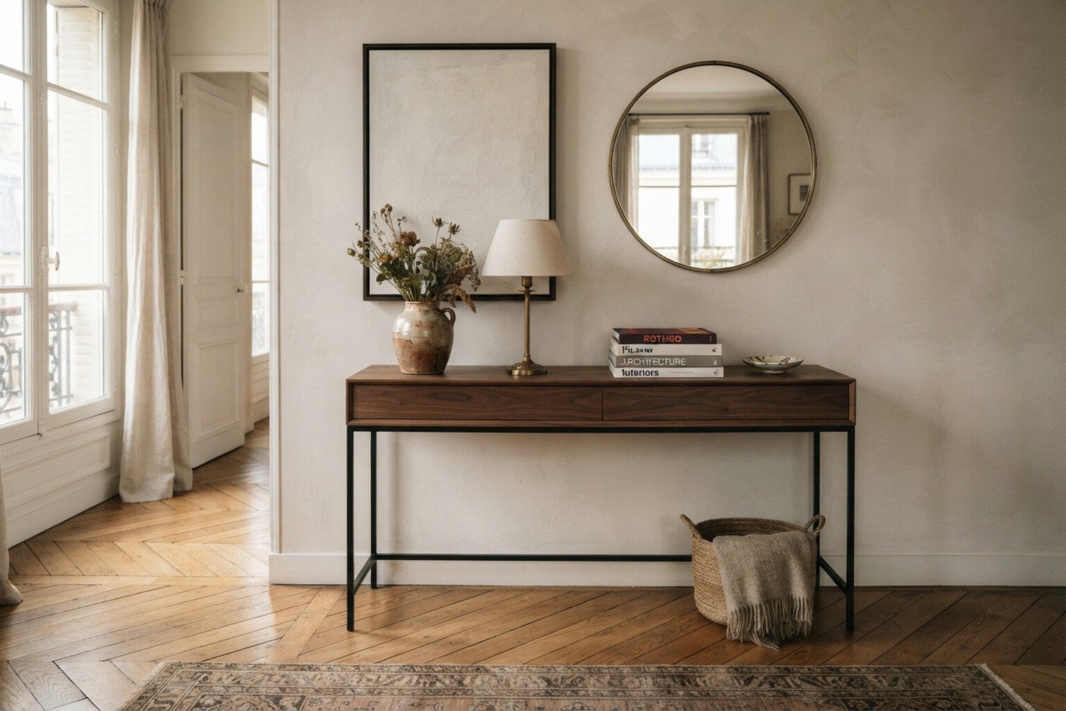 Console en bois foncé et métal noir dans une entrée, vase, lampe et livres sur le plateau, miroir rond au mur