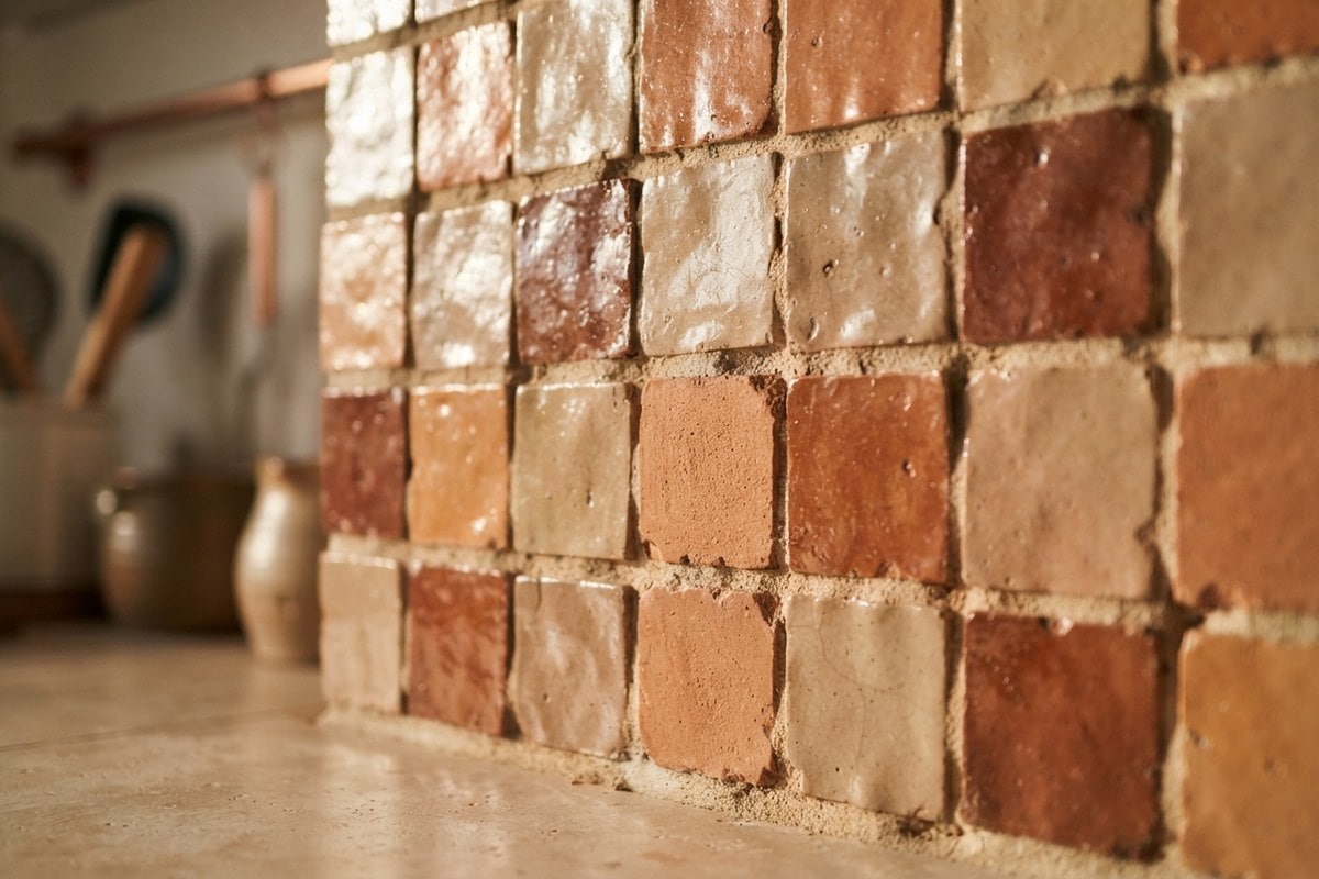 Gros plan sur des carreaux artisanaux émaillés aux tons terre cuite, à la surface irrégulière