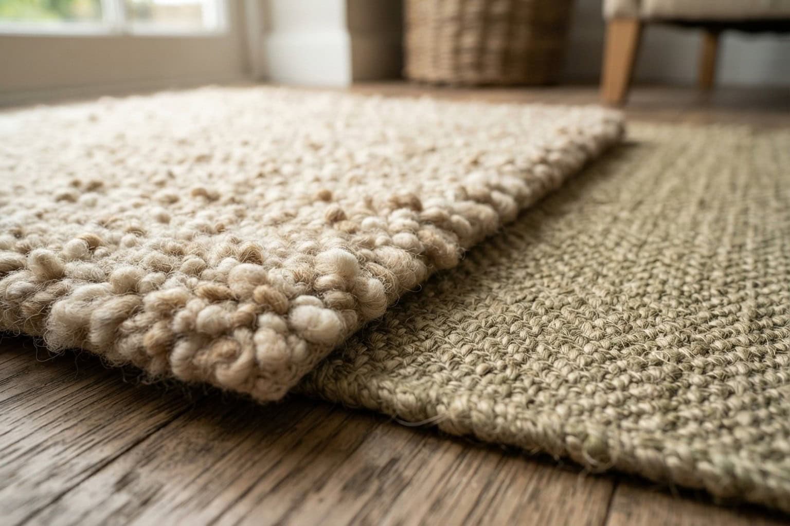 Gros plan sur deux moquettes en fibres naturelles, laine bouclée crème et sisal tressé
