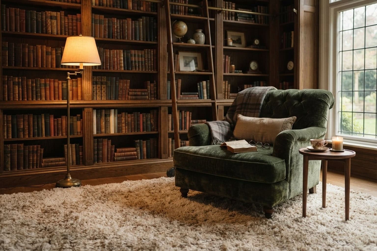 Coin lecture avec fauteuil en velours vert et moquette épaisse crème dans une bibliothèque