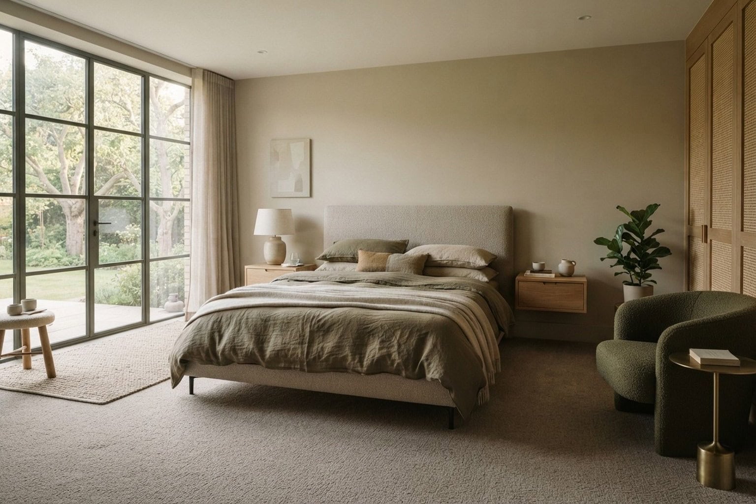 Chambre contemporaine haut de gamme avec moquette beige posée au sol et lit en lin vert olive