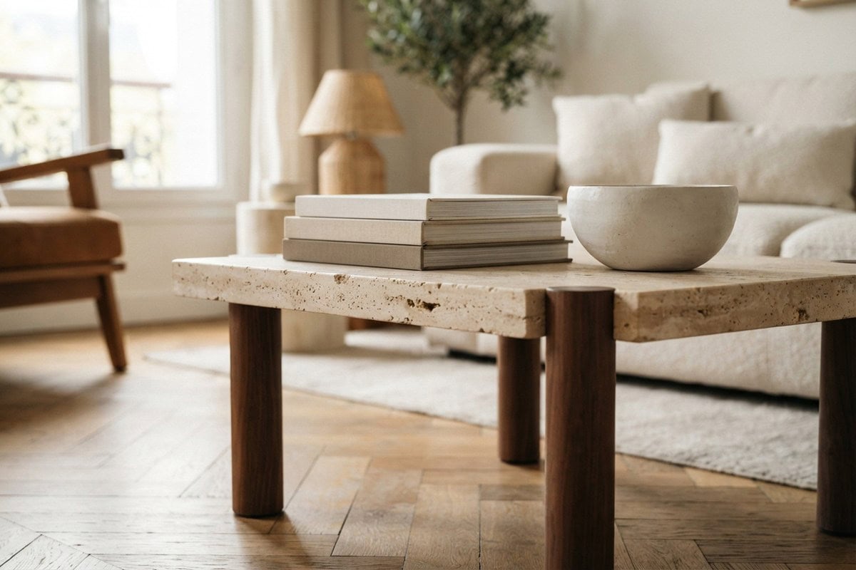 Gros plan sur une table basse au plateau en travertin et pieds cylindriques en noyer, livres et bol en céramique