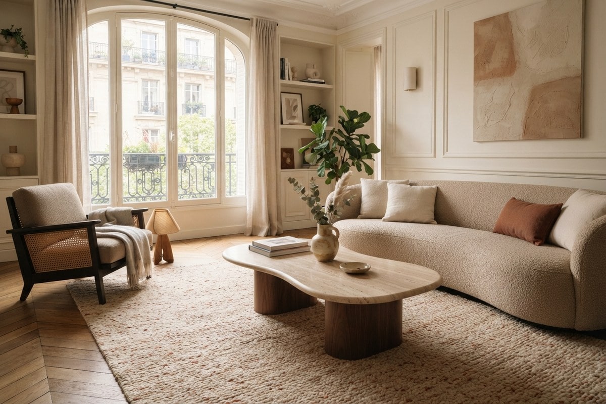 Salon parisien lumineux avec une table basse organique en travertin et noyer devant un canapé bouclé beige