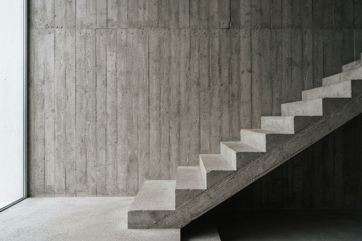 Mur et escalier en béton brut portant l'empreinte du coffrage en bois, dans un intérieur minimaliste