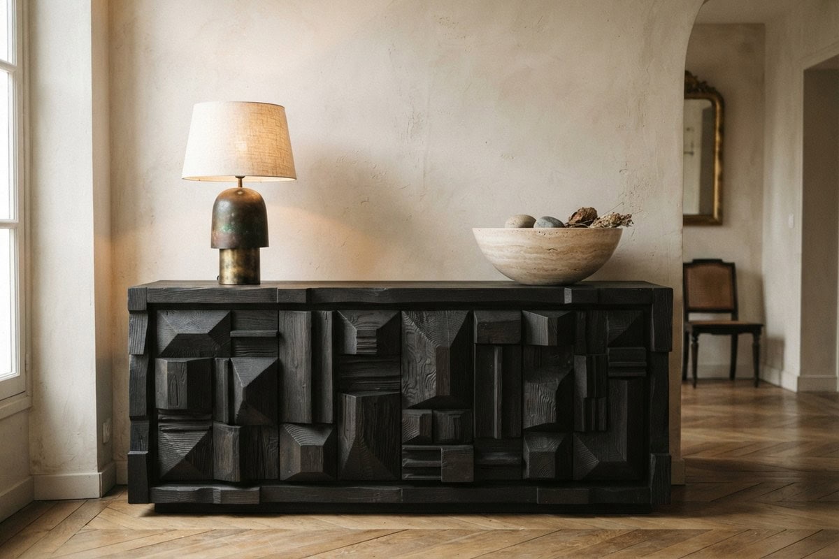 Buffet brutaliste en bois sombre aux reliefs géométriques, surmonté d'une lampe patinée et d'une coupe en travertin