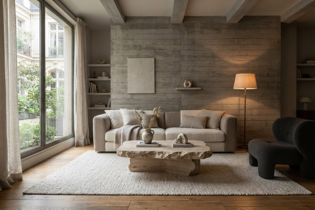 Salon contemporain avec un mur en béton brut, une table basse monolithique en pierre et un canapé en tissu bouclé