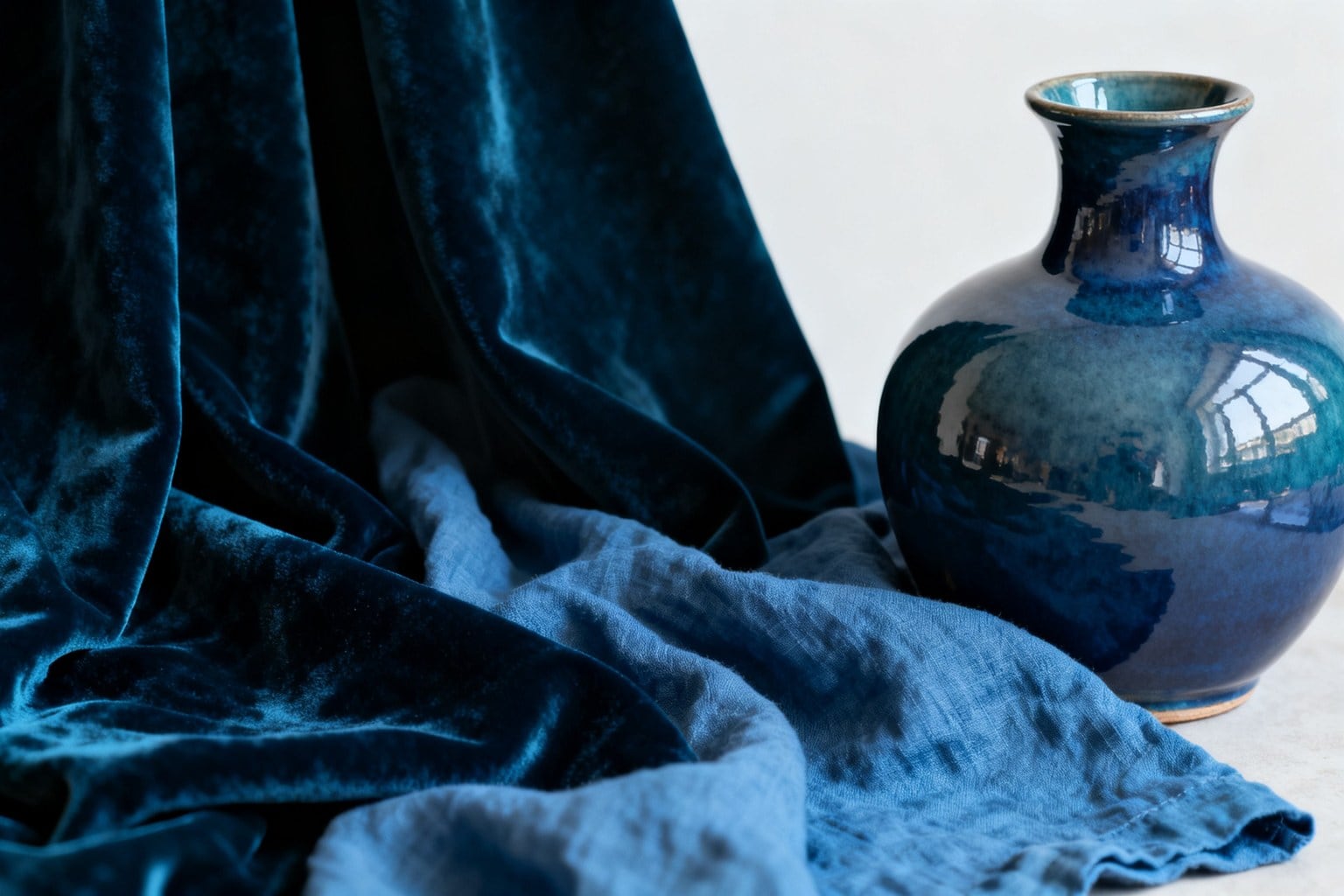 Velours bleu profond, lin lavé et vase en céramique émaillée déclinés dans le même camaïeu de bleu.