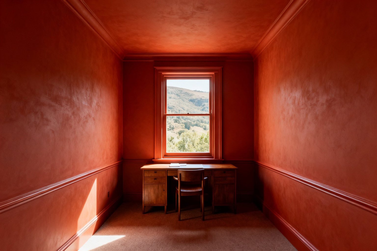 Petit bureau entièrement peint en terracotta, murs, plafond et boiseries dans une seule et même teinte.