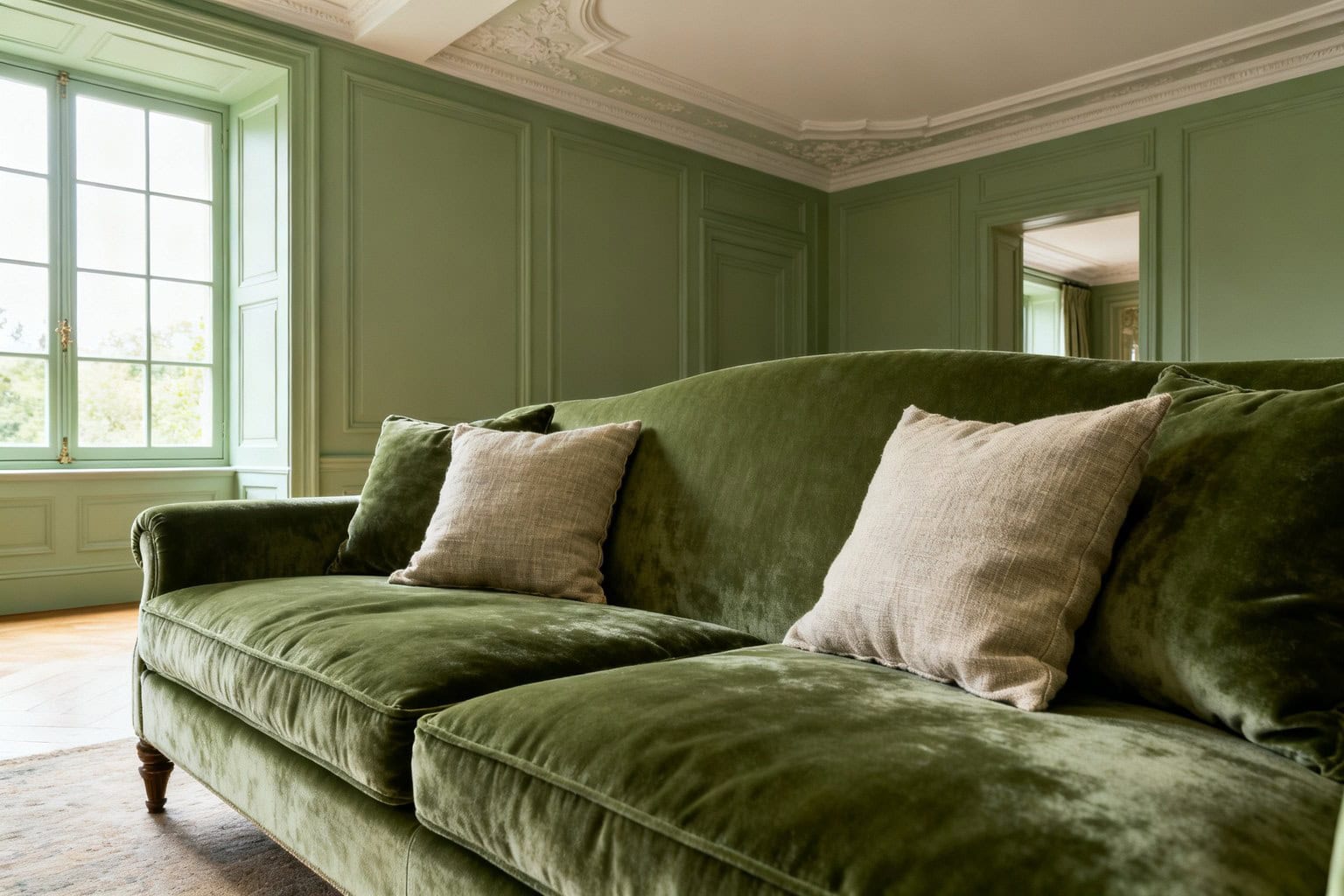 Salon habillé d'un camaïeu de vert, murs, boiseries et canapé en velours dans des nuances de vert sauge.