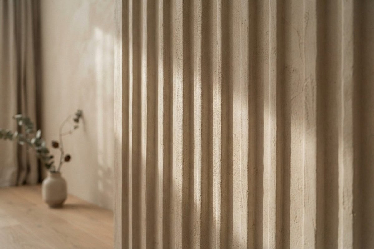 Mur de plâtre cannelé aux rainures verticales, éclairé par une lumière rasante qui accentue le relief.