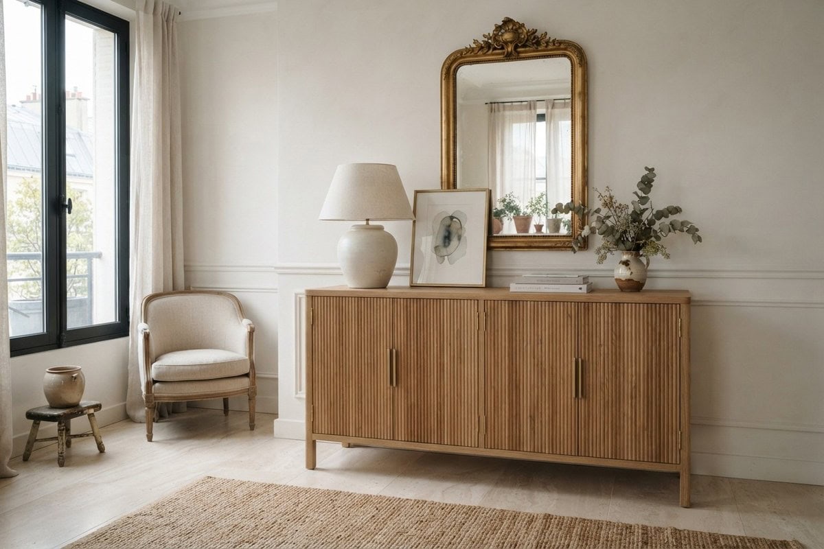 Buffet en bois cannelé contre des murs lisses, dans un intérieur clair aux tons naturels et au décor équilibré.