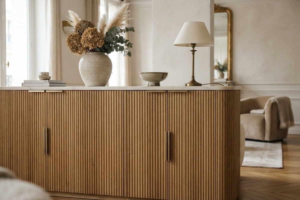 Buffet en bois cannelé à façade rainurée, plateau de marbre clair et poignées en laiton, dans un salon lumineux.