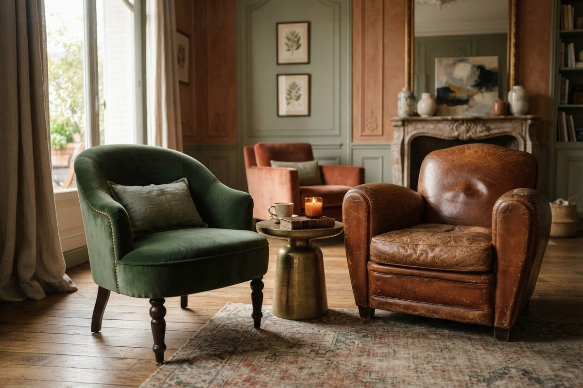 Fauteuil en velours vert et fauteuil club en cuir patiné côte à côte dans un salon élégant