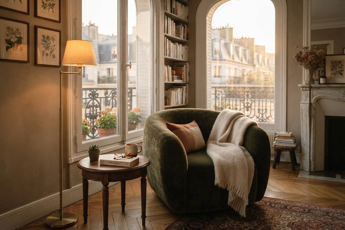 Fauteuil enveloppant en velours vert dans un coin lecture près des fenêtres, avec lampe et petite table