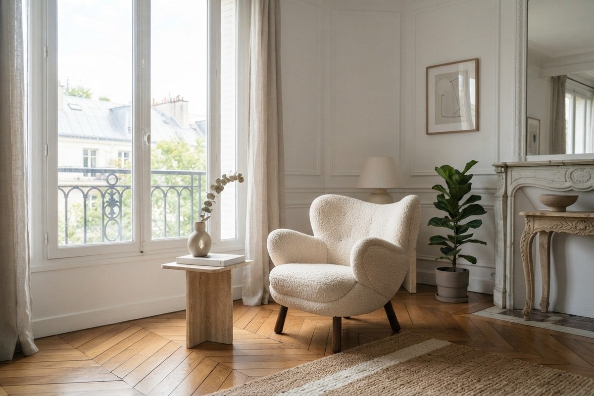 Fauteuil en bouclette crème près d'une fenêtre dans un salon parisien lumineux au parquet à chevrons