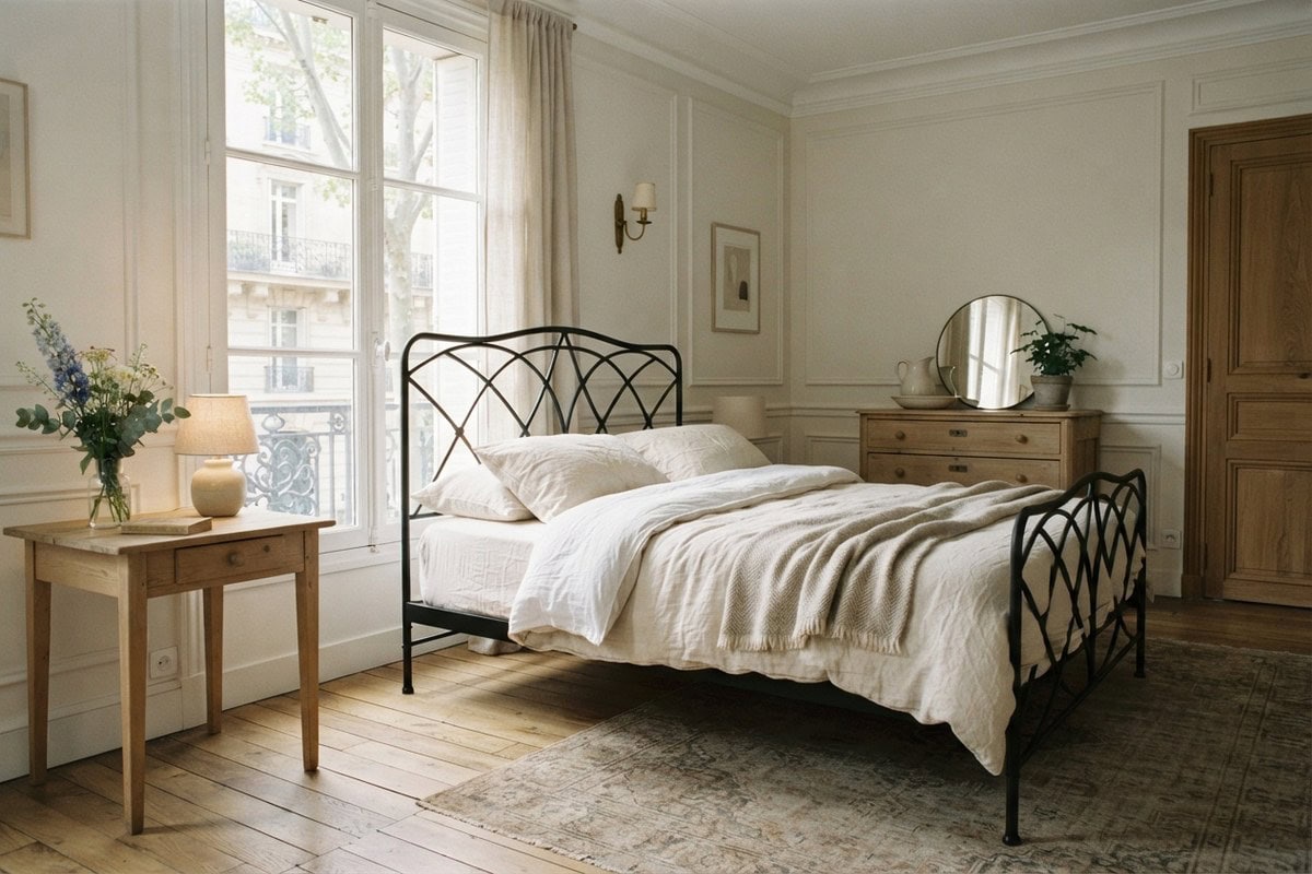 Lit en fer forgé noir à tête ajourée dans une chambre claire au parquet ancien
