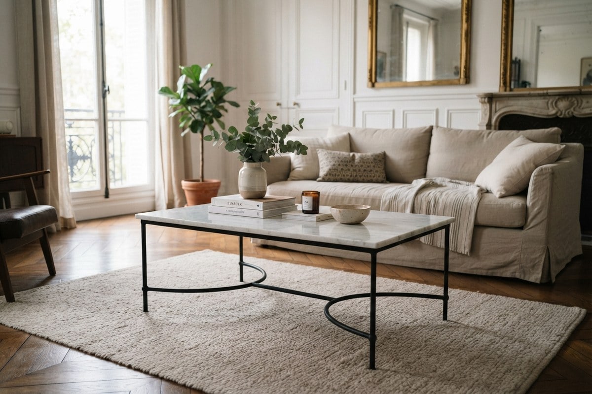 Table basse à piètement en fer forgé noir et plateau de marbre blanc dans un salon élégant