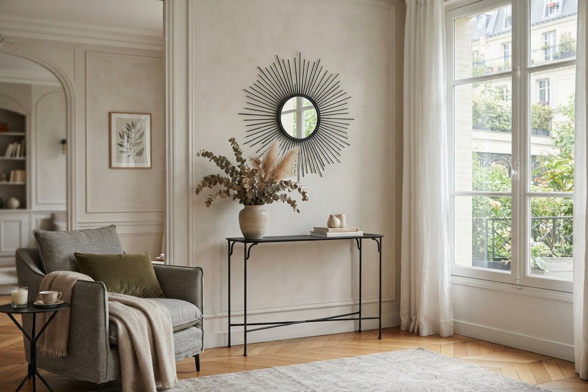 Console et miroir soleil en fer forgé noir sur un mur clair dans un salon lumineux