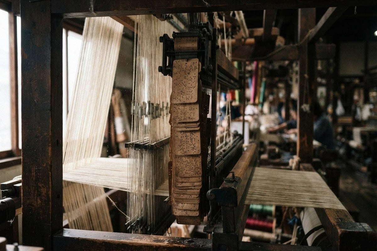 Ancien métier à tisser Jacquard avec sa bande de cartes perforées et ses fils de chaîne dans un atelier