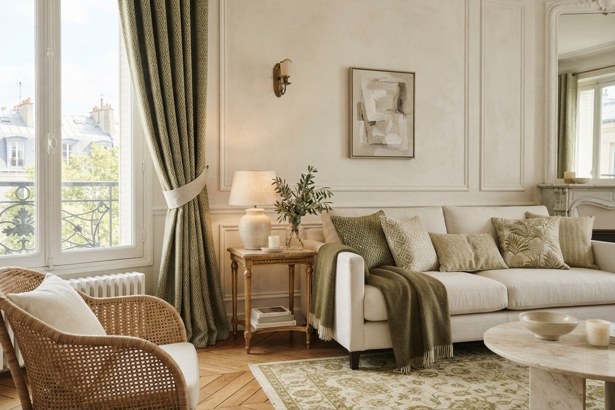Salon clair avec rideau et coussins en jacquard aux tons vert olive, canapé crème et fauteuil en rotin