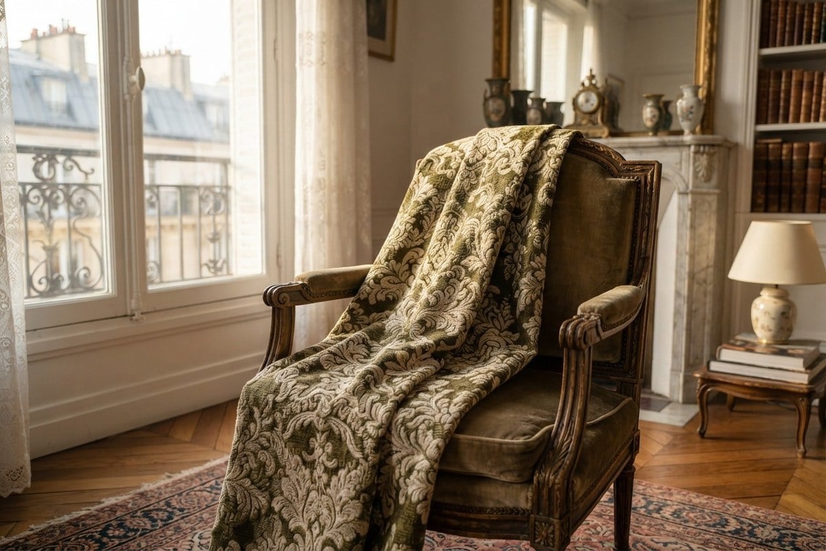 Jetée en jacquard à motif damassé vert olive posée sur un fauteuil ancien près d'une fenêtre parisienne