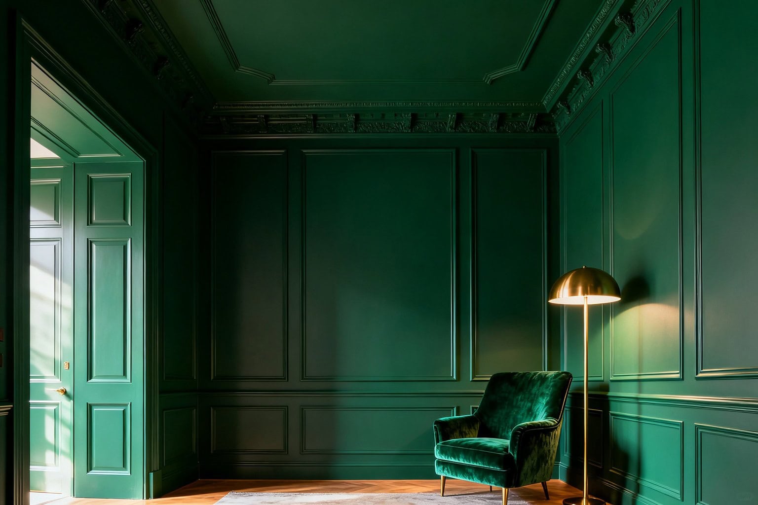 Pièce baignée dans un vert émeraude profond, murs, plafond et boiseries dans une même teinte