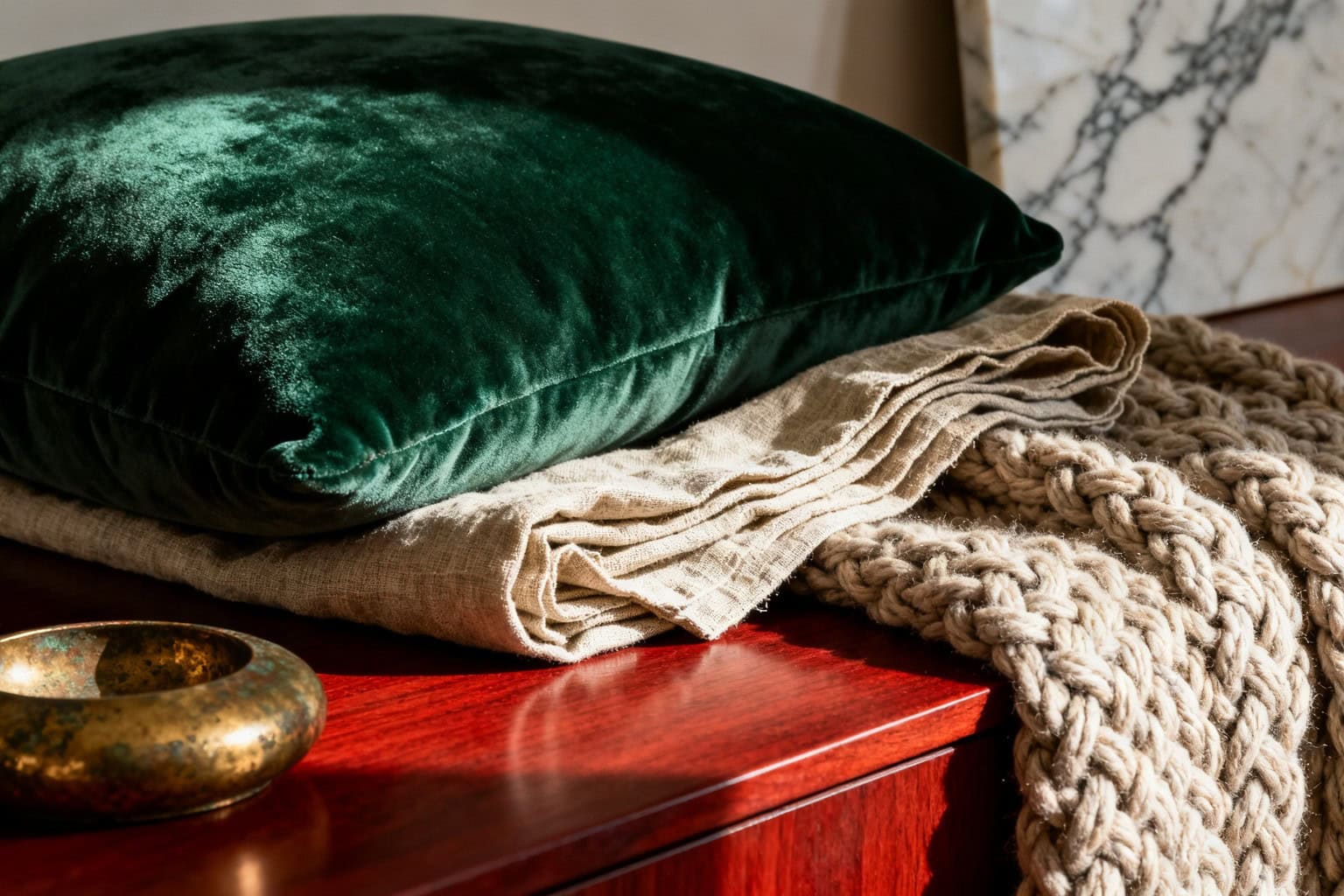 Coussin en velours vert, lin brut, laine tressée et coupelle en laiton patiné sur bois rouge