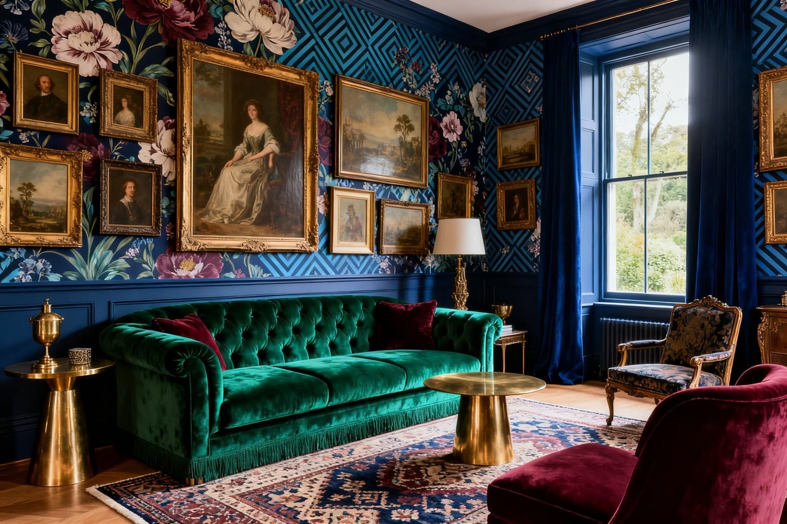 Salon maximaliste aux murs bleus fleuris, canapé en velours vert et mur de cadres dorés