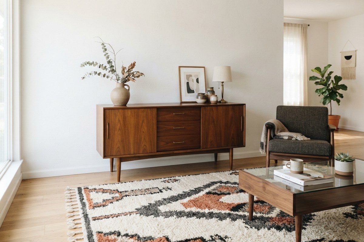 Enfilade en noyer contre un mur blanc, tapis à motifs géométriques et table basse contemporaine en verre